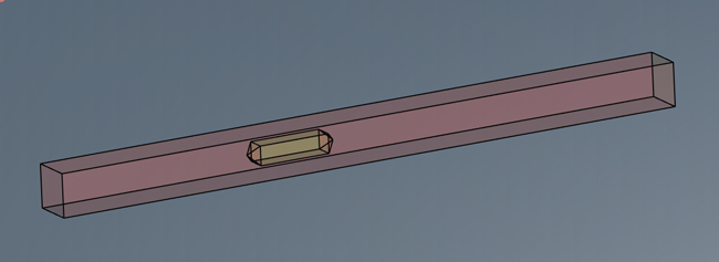 vue en perspective - modélisation géométrique solide d’un atténuateur de bruit : séparateur central absorbant les sons (avec extrémités pyramidales) dans un conduit avec considération de longueurs droites en amont et en aval