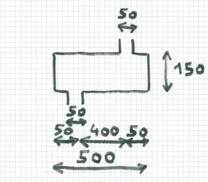 Esquisse (dessin à la main) d’une chambre d’expansion simple avec entrée et sortie radiales (exemple de modélisation d’un silencieux réactif avec le logiciel SILDIS)